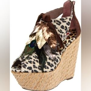 "FEARLESS AMBITION" Leopard Print Wedge Sandals with Feather Detail